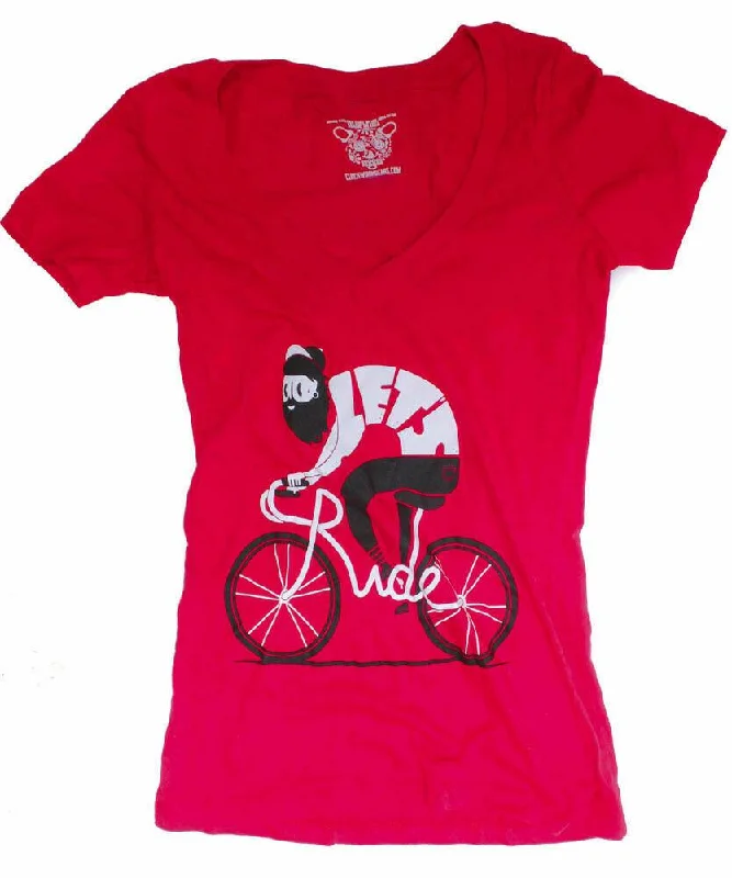 CLOCKWORK GEARS LET'S RIDE Women's Lg T-Shirt Short Sleeve Red V-Neck Cotton NEW