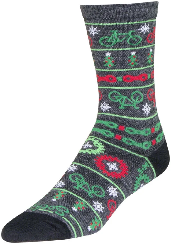 SockGuy Wool Ride Merry Crew Socks - 6" Gray/Red/Green Small/Medium